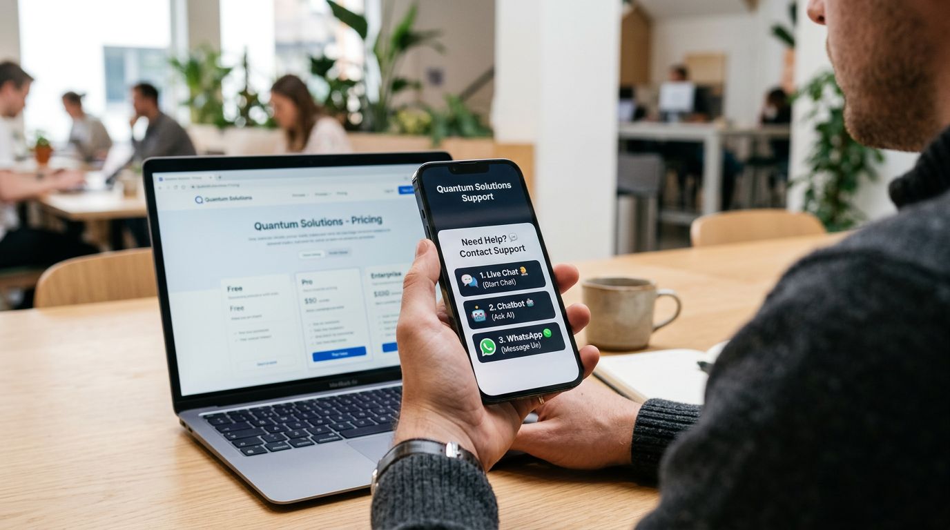 Ortak çalışma alanında, tek widget içinde canlı destek, chatbot ve WhatsApp seçeneklerini gösteren telefon ekranının yakın plan görüntüsü