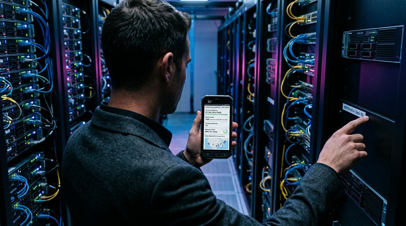 Veri merkezi ortamında telefonundan ERP ve CRM entegre mobil paneli kullanan yönetici