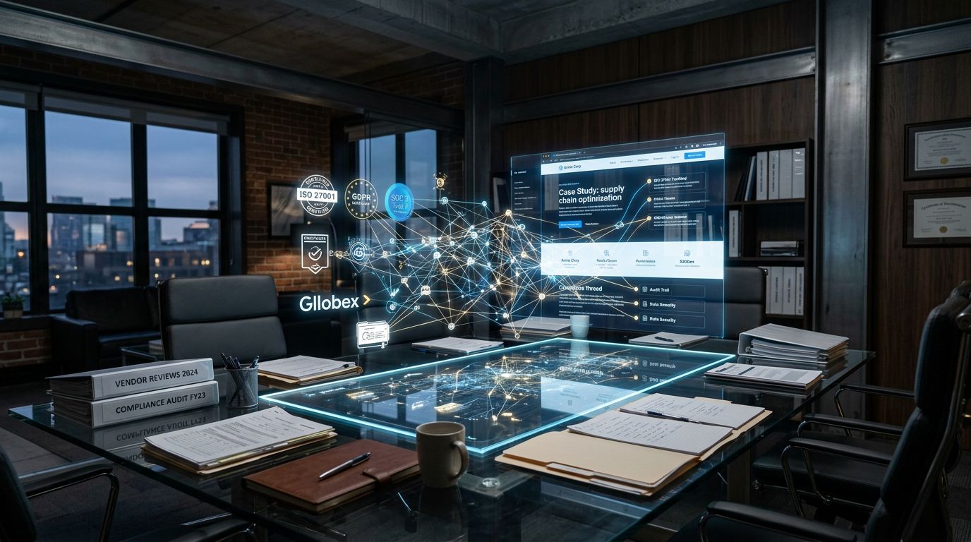 Kurumsal web sitesinde güven unsurlarını simgeleyen sertifika, referans ve veri ağı görselleştirmesi