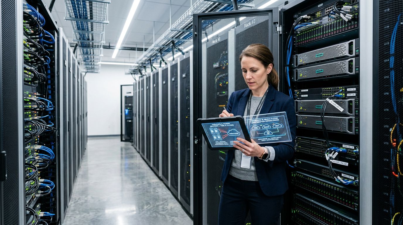 Veri merkezinde tablet üzerinden hybrid cloud ve multi cloud mimarilerini karşılaştıran BT uzmanı