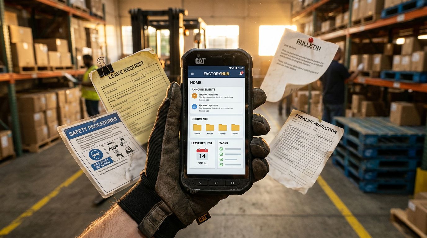 Depo sahasında çalışan elindeki telefonda duyuru, doküman, izin ve görev modüllerini gösteren iç iletişim mobil uygulaması