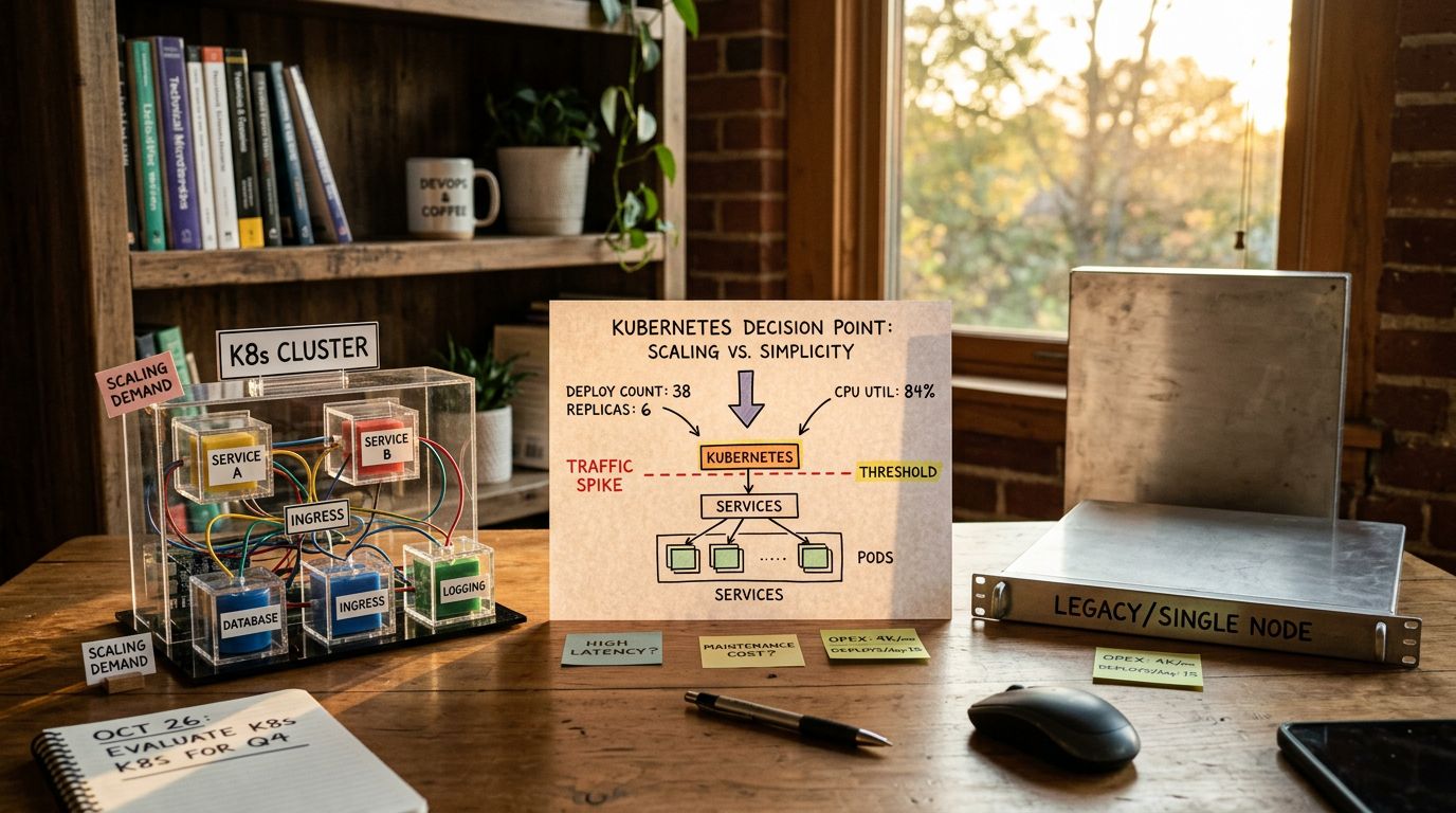 Ev ofisi ortamında Kubernetes kararını simgeleyen, mikroservis blokları ve tek sunucu arasında görsel karşılaştırma