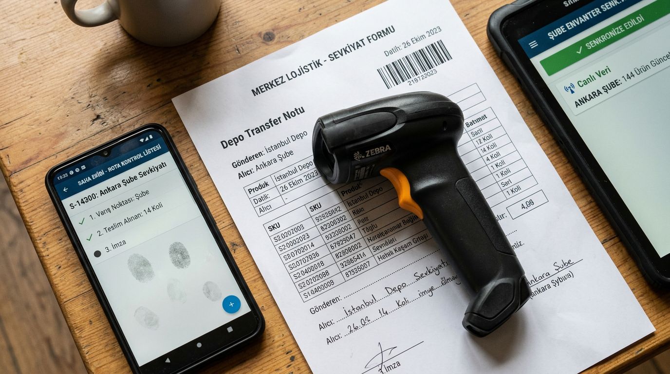 Şube, depo ve saha süreçlerini tek platformda yöneten merkezi yazılım altyapısını temsil eden barkod okuyucu, mobil ekran ve stok senkronizasyon detayı