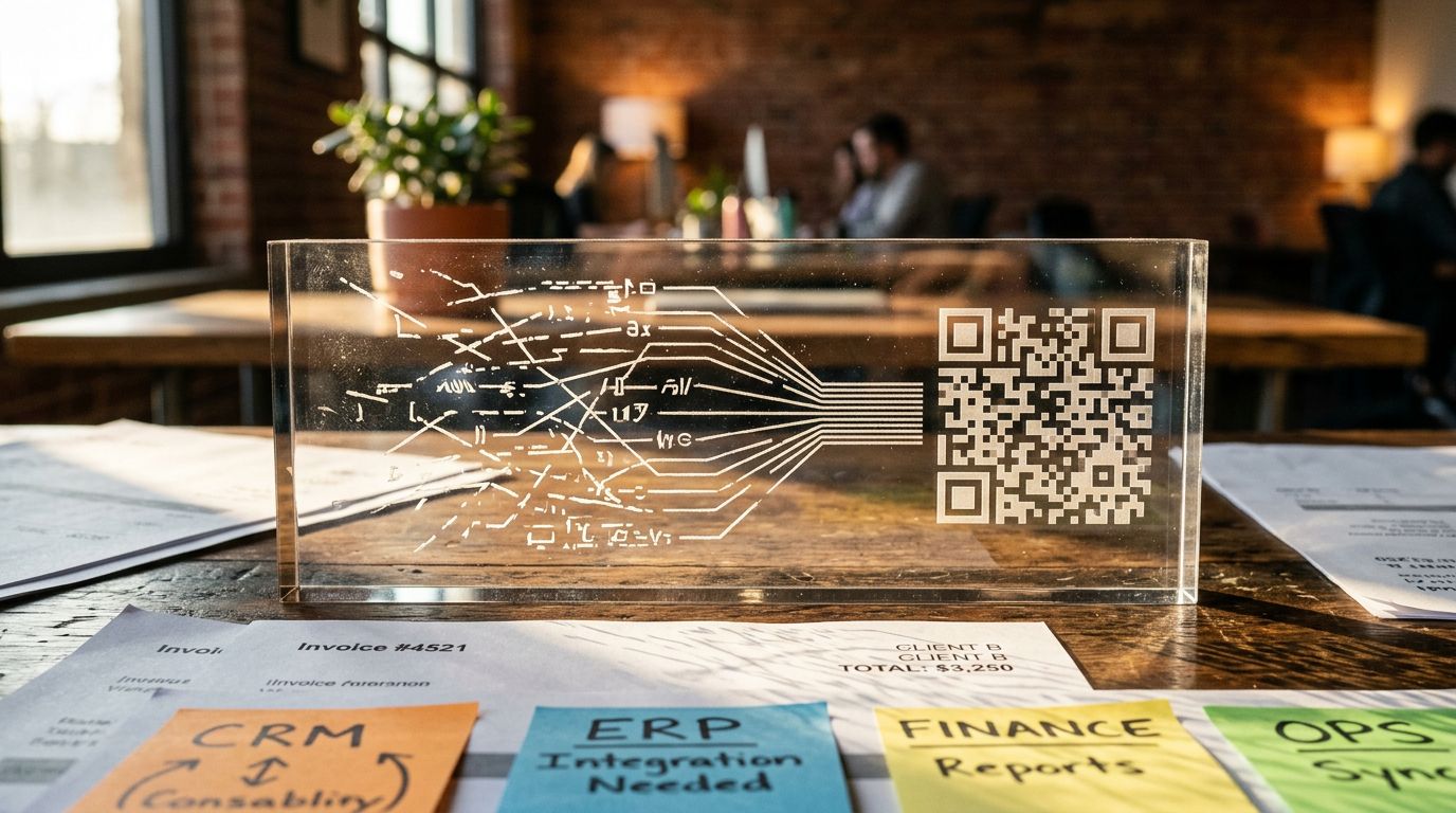 Co-working alanda, veri silolarının birleşmesini simgeleyen çizgilere sahip şeffaf akrilik masa objesinin makro yakın plan görüntüsü
