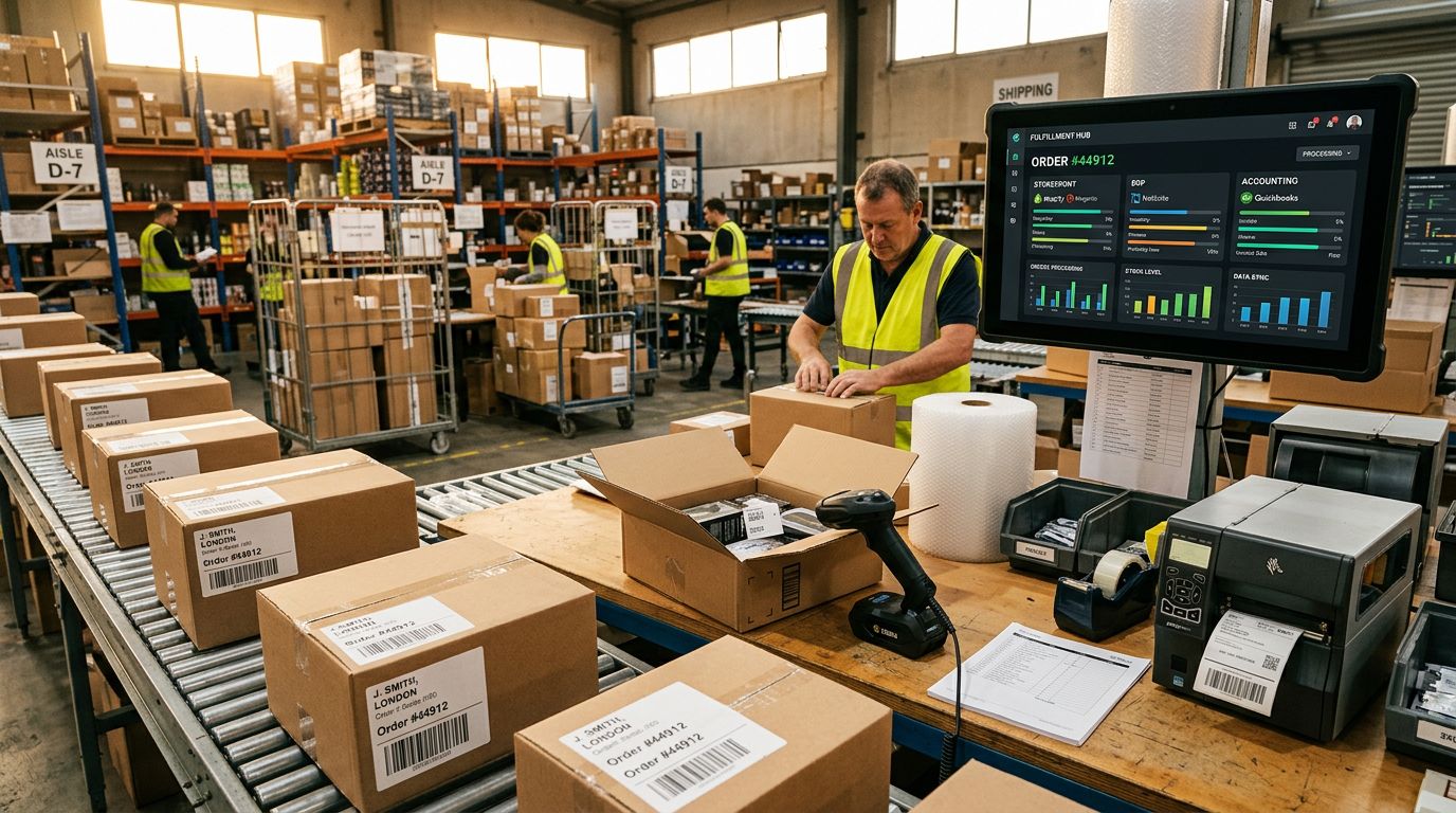 E-ticaret deposunda sipariş, stok ve muhasebe verilerinin ERP entegrasyonu ile senkronize edildiğini gösteren sahne
