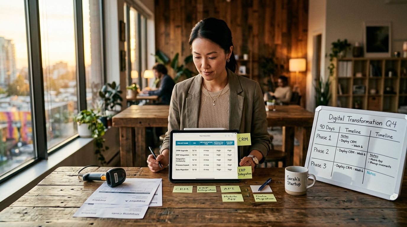 Co-working alanda tablet üzerinden dijital dönüşüm proje önceliği belirleyen KOBİ yöneticisi