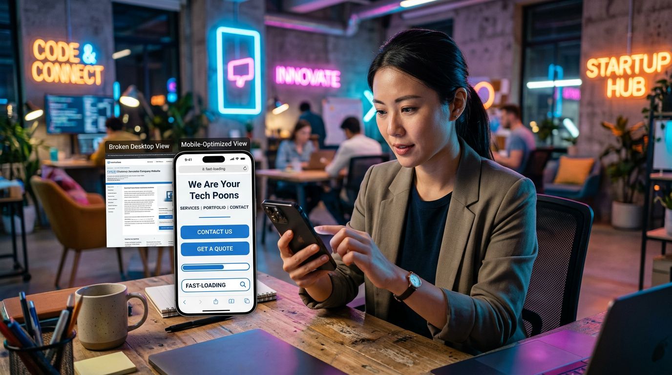 Co-working ortamında akıllı telefonda mobil uyumlu ve uyumsuz web sayfasını karşılaştıran kullanıcı