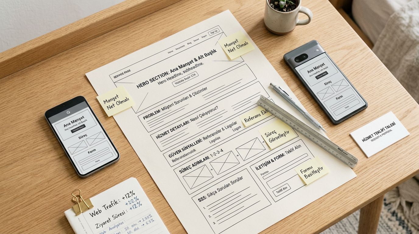 Hizmet sayfası akışını gösteren, üstten çekilmiş wireframe, mobil ekran ve CTA notları içeren çalışma masası düzeni