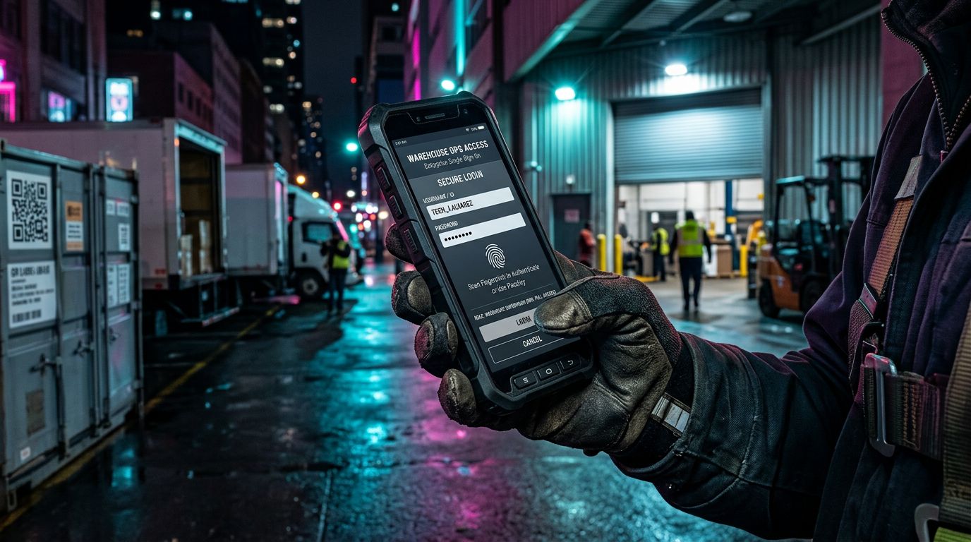 Neon ışıklı şehir dış mekânında kurumsal mobil uygulamada SSO ve MFA giriş ekranını kullanan saha personeli