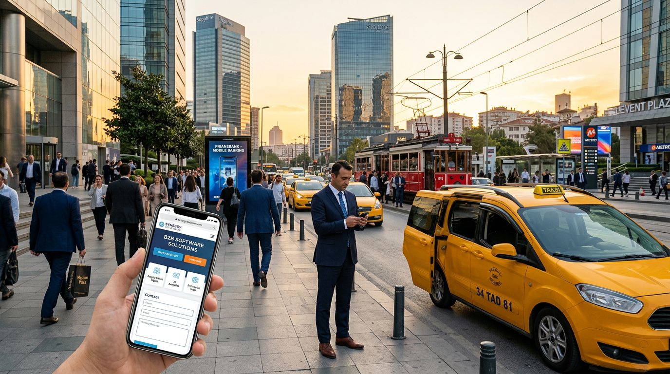 İstanbul’da iş merkezi çevresinde akıllı telefondan kurumsal web sitesini inceleyen bir yöneticinin mobil kullanıcı deneyimini gösteren sahne