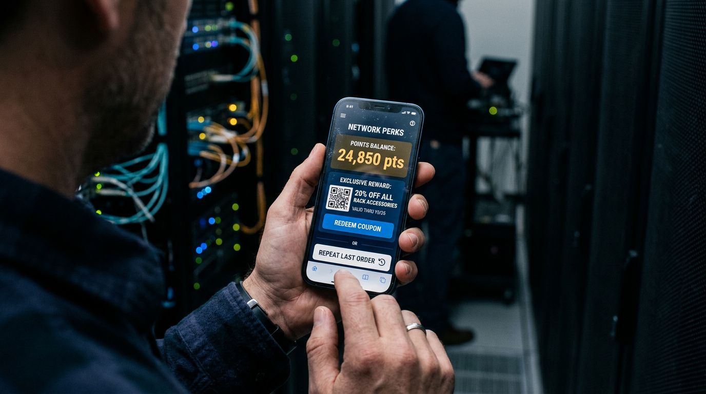 Veri merkezi atmosferinde, omuz üstü açıyla çekilmiş bir telefonda puan bakiyesi ve kişisel kampanya gösteren sadakat uygulaması ekranı
