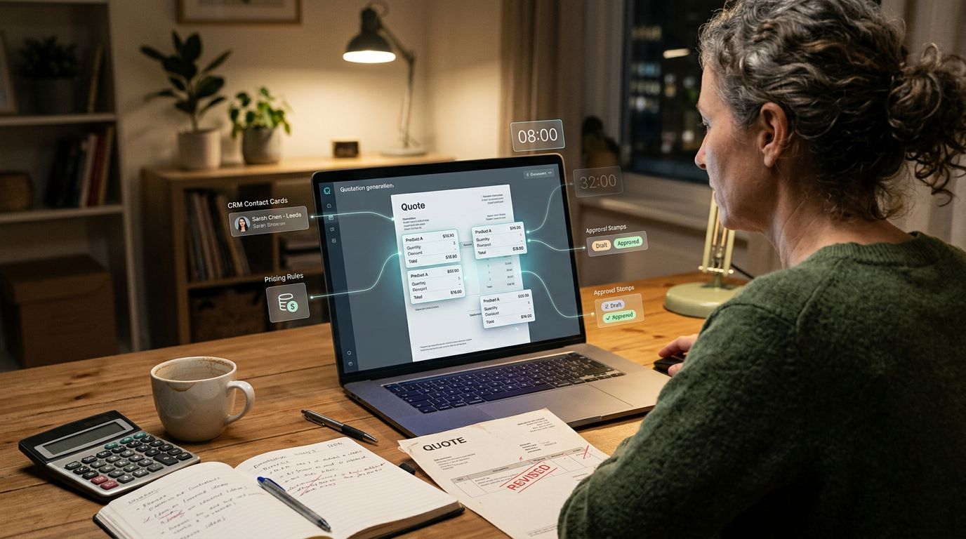 Ev ofis ortamında CRM, fiyat kuralları ve onay akışına bağlı akıllı teklif oluşturma ekranını inceleyen işletme sahibi