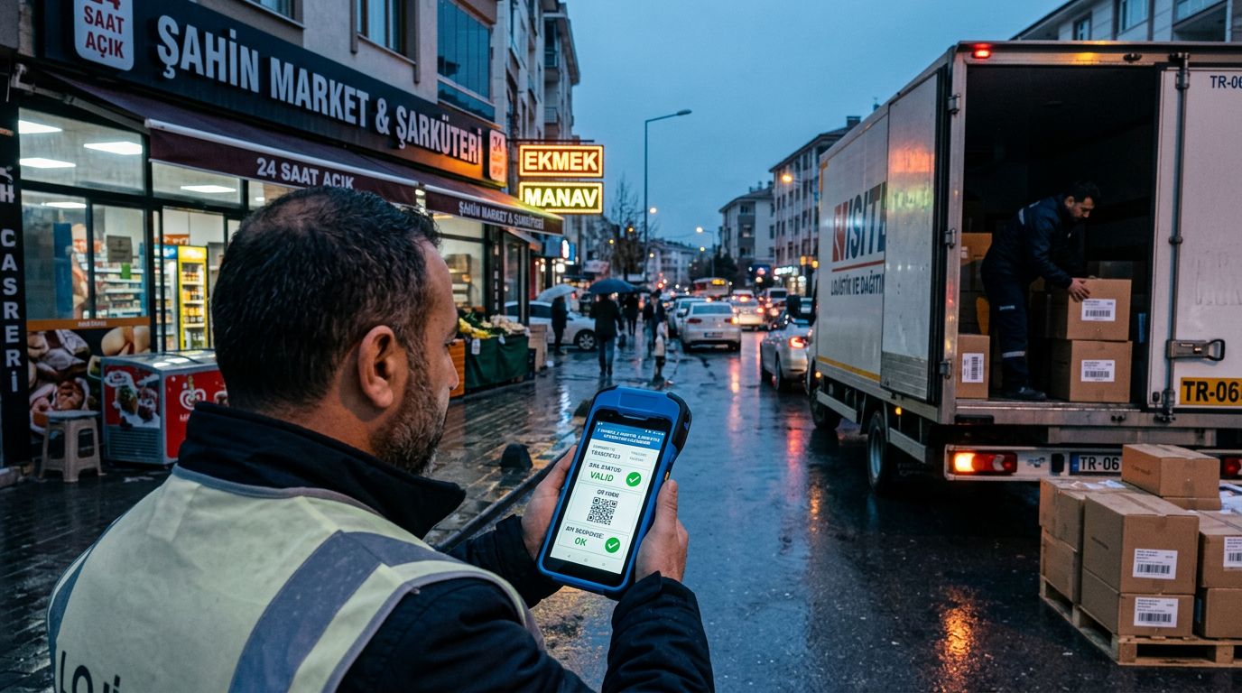 Şehir içi yükleme alanında el terminali üzerinden e-fatura, e-arşiv ve e-irsaliye entegrasyon ekranını izleyen operasyon sorumlusu