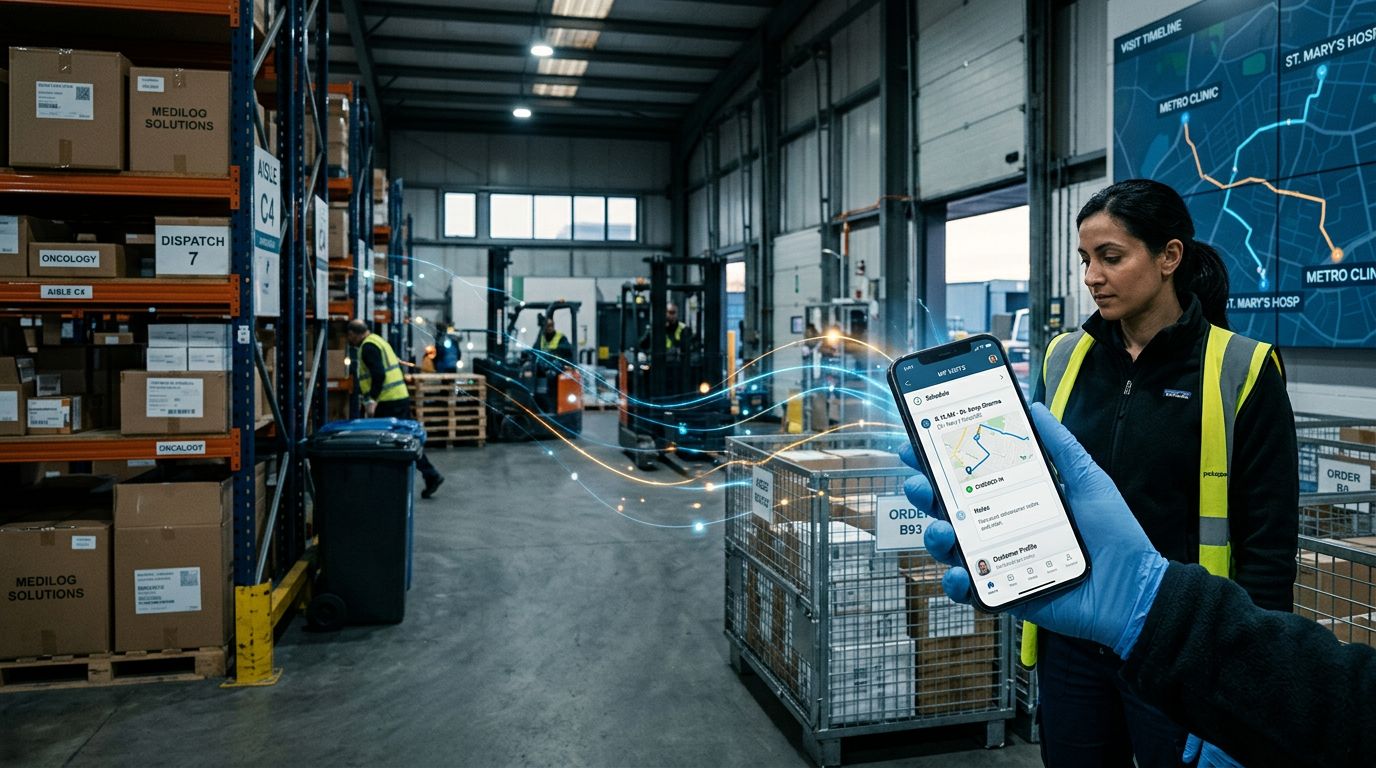 Depo koridorunda mobil CRM ekranı üzerinden müşteri takibi ve ziyaret akışı görselleştirmesi