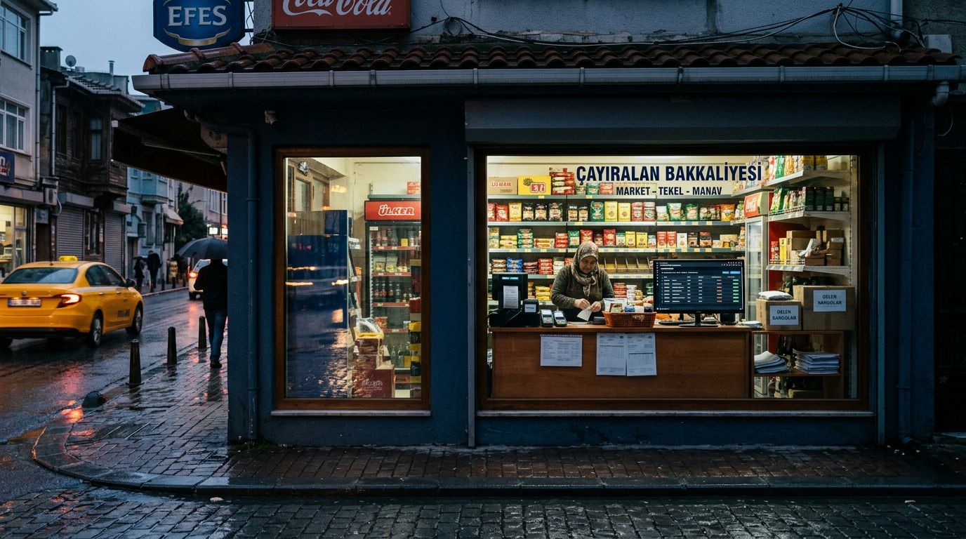 Yağmurlu akşamda vitrininden içi görülen küçük mağazada kasa, faturalar ve tahsilat-mutabakat ekranı