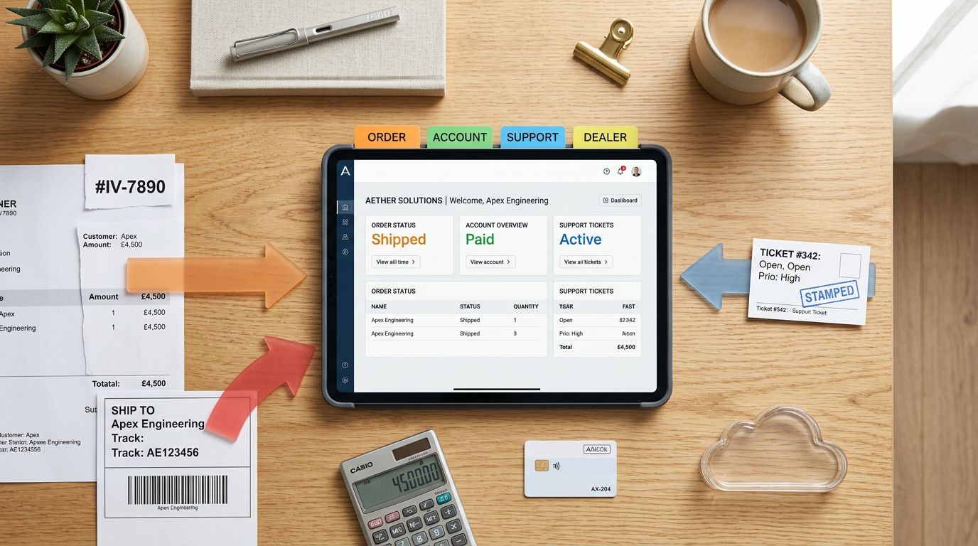 Ev ofisi ortamında üstten çekilmiş, müşteri portalı ile ERP ve CRM entegrasyonunu sipariş, cari hesap ve destek belgeleri üzerinden simgesel olarak gösteren düzen