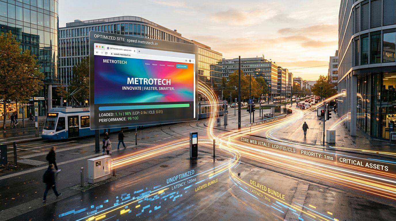 Şehir meydanında veri akışları ve ağ düğümleriyle hızlı web sitesi performansını soyut biçimde gösteren görsel