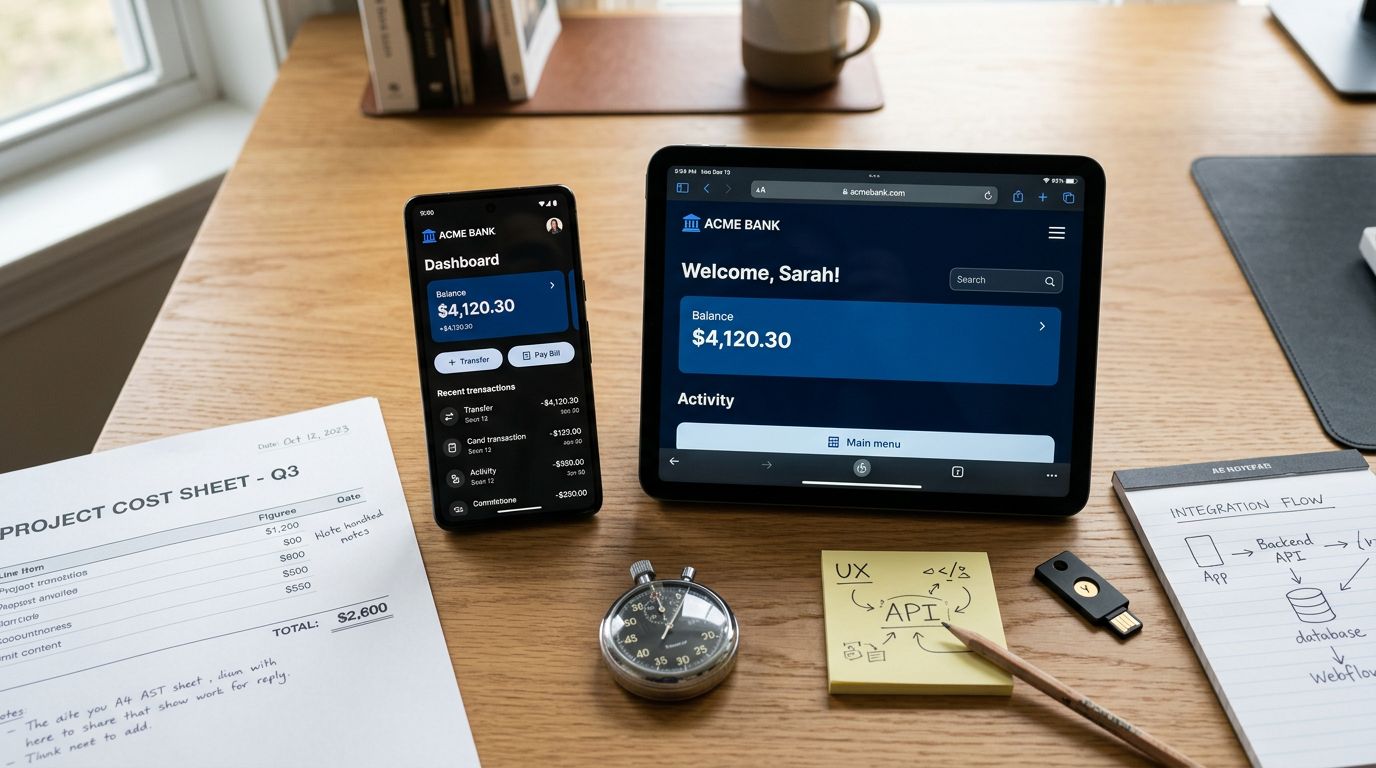 Ev ofis masasında üstten çekilmiş, bir yanda mobil uygulama bir yanda mobil uyumlu web sitesi ekranı ve etrafında maliyet, hız, UX ve entegrasyon notları