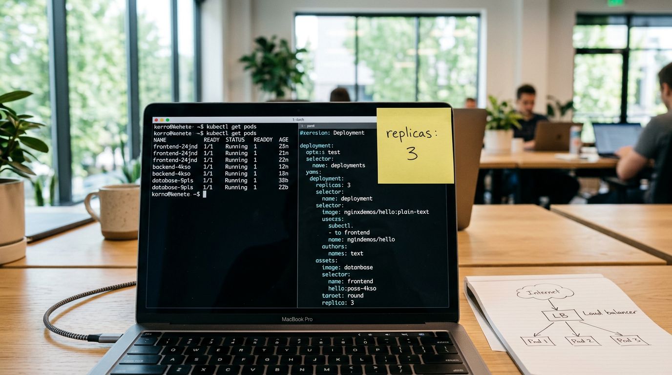 Ortak çalışma alanında, ekranda kubectl çıktısı ve Kubernetes deployment YAML detayı görünen dizüstü bilgisayar yakın planı