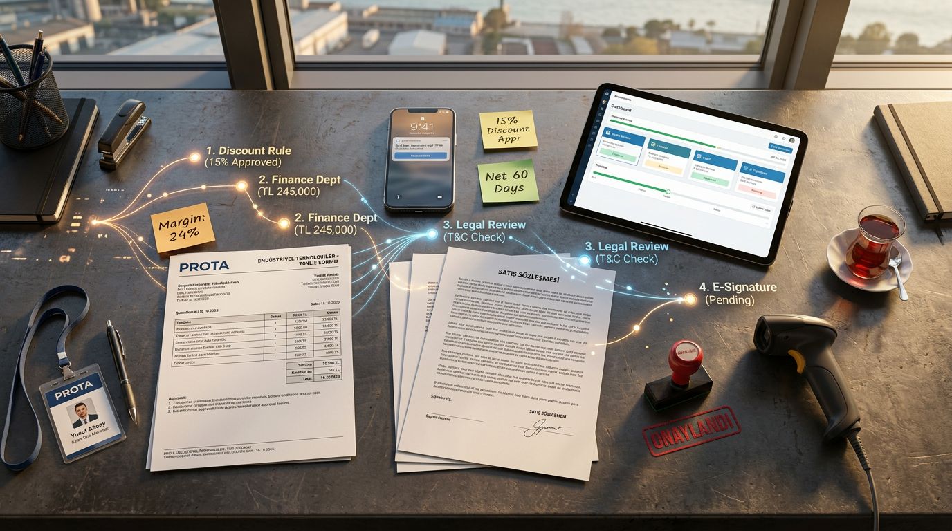 B2B satış operasyonlarında teklif, finans ve hukuk onaylarının dijital iş akışı olarak görselleştirildiği üstten çekim sahne