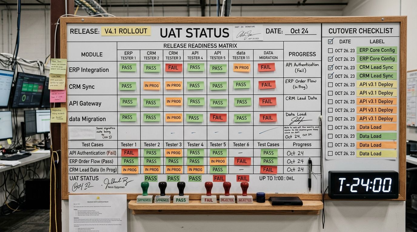 Canlıya geçiş öncesi kullanıcı kabul testleri için hazırlanan UAT takip panosu ve cutover kontrol listesi