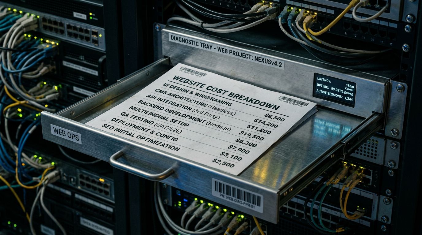 Veri merkezi ortamında, kurumsal web sitesi maliyet kalemlerini gösteren teklif dokümanının yakın plan görünümü