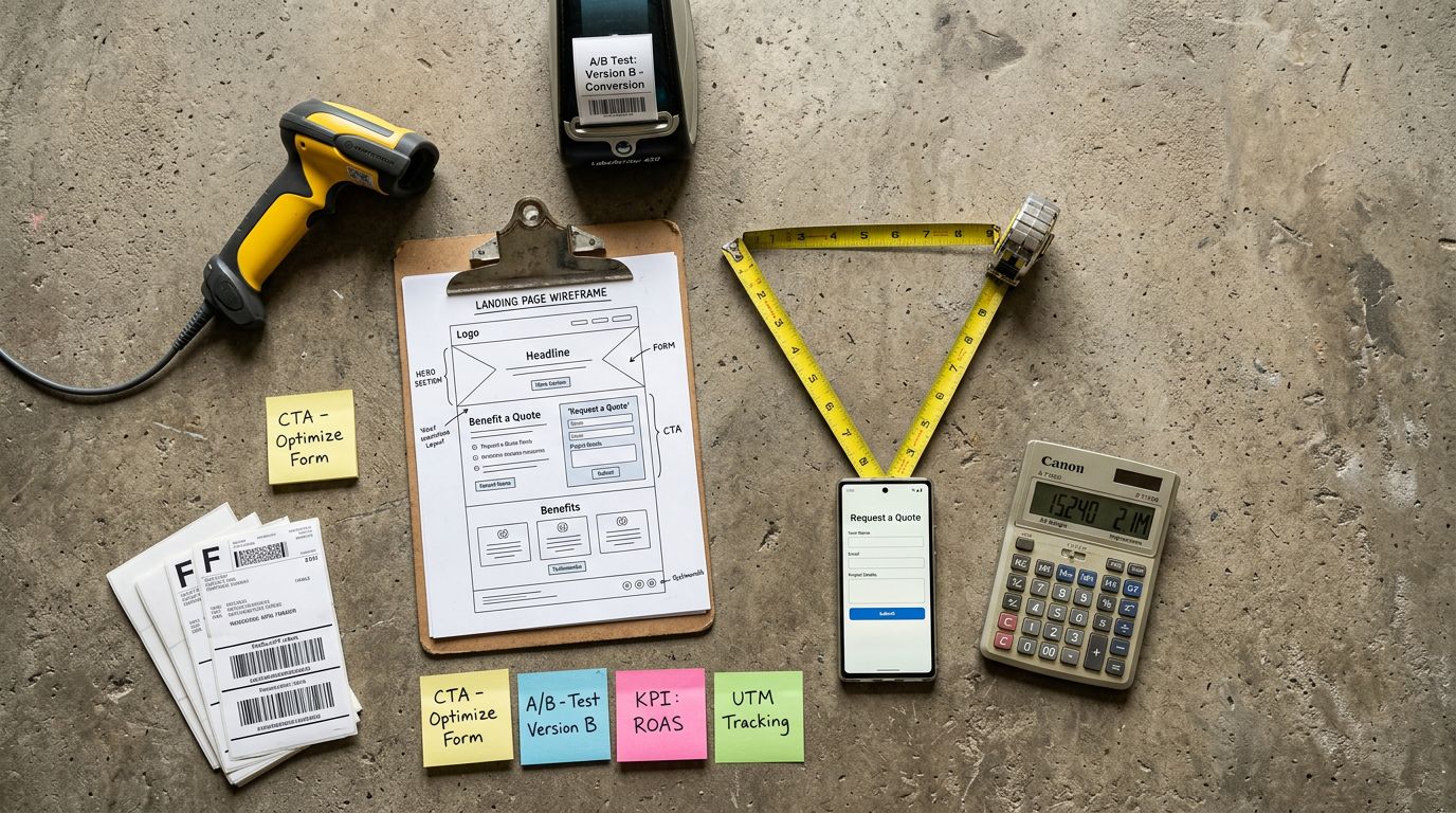 Depo zemininde açılış sayfası tasarımını, form ve reklam bütçesi optimizasyonunu simgeleyen üstten çekilmiş düzen
