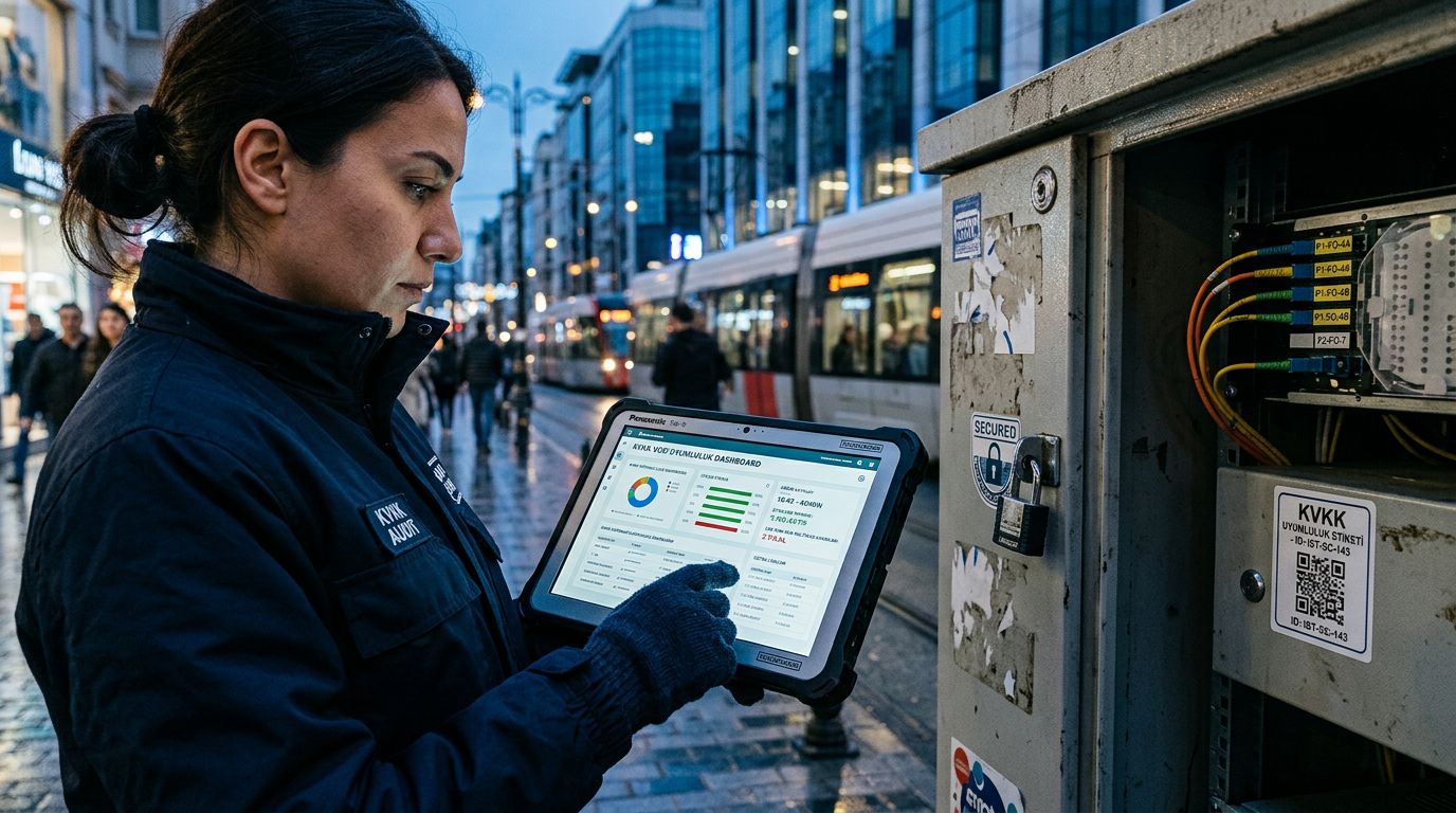 Şehir içindeki akıllı veri kabini yanında tablet üzerinden kişisel veri erişim kayıtlarını kontrol eden siber güvenlik uzmanı yakın plan