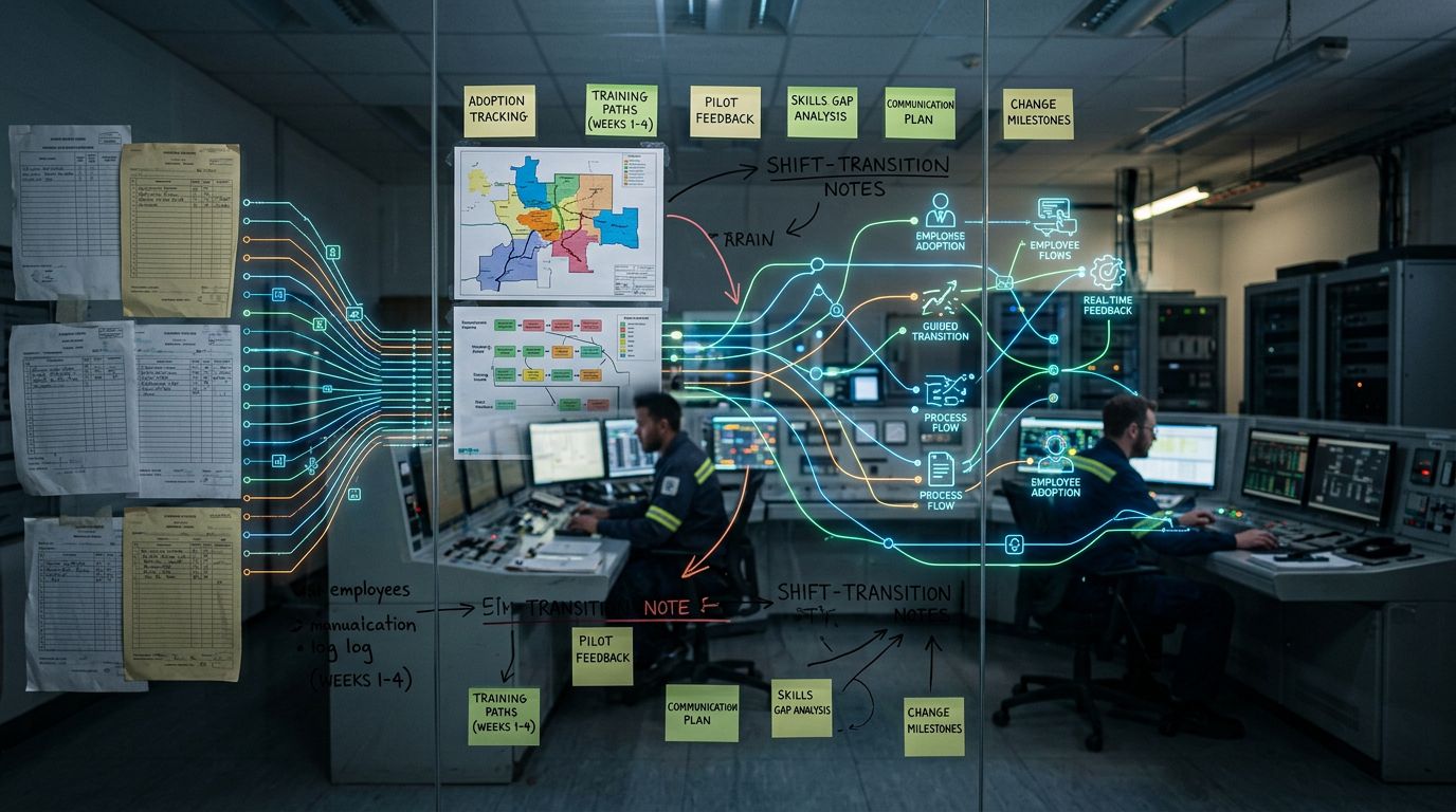 Üretim kontrol odasında dijital dönüşüm geçiş planı, eğitim akışı ve çalışan adaptasyonunu temsil eden veri akışları