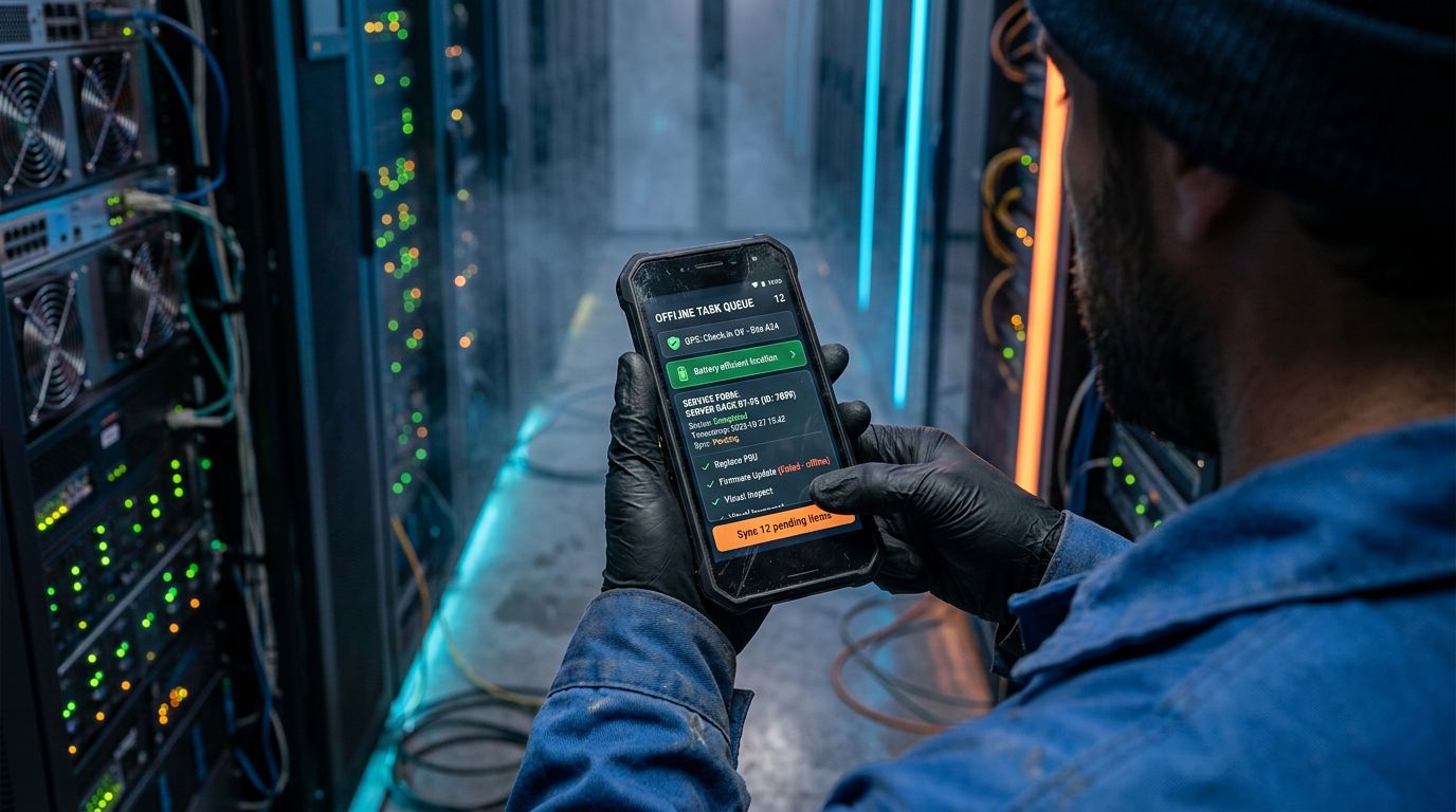 Veri merkezi atmosferinde, offline görev kuyruğu ve konum durumu gösteren dayanıklı telefon kullanan saha teknisyeni