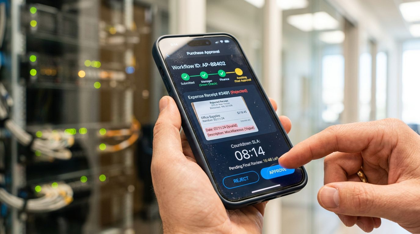 Veri merkezi atmosferinde, satın alma ve masraf onay akışını gösteren sayaçlı mobil ekran yakın planı